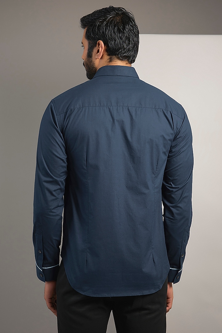 Navy Cotton Embroidered Wedding Shirt by Rohit Gandhi & Rahul Khanna Men at Pernia's Pop Up Shop