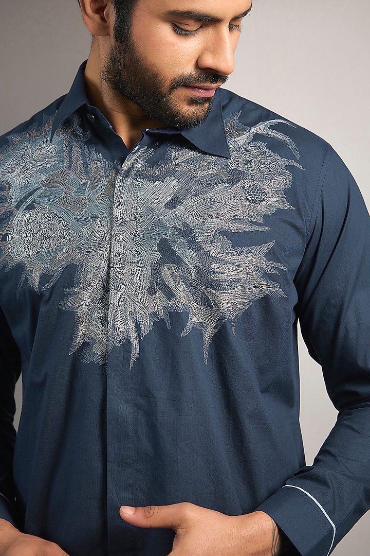 Navy Cotton Embroidered Wedding Shirt by Rohit Gandhi & Rahul Khanna Men at Pernia's Pop Up Shop