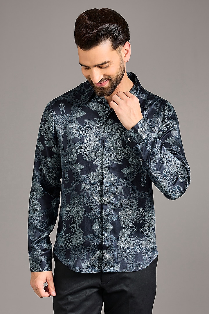 Navy Blue Satin Printed Shirt by Rohit Gandhi & Rahul Khanna Men at Pernia's Pop Up Shop