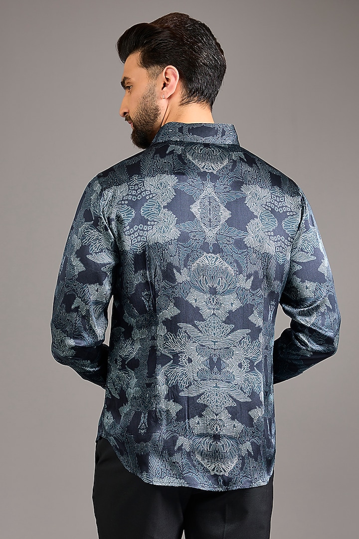 Navy Blue Satin Printed Wedding Shirt by Rohit Gandhi & Rahul Khanna Men at Pernia's Pop Up Shop