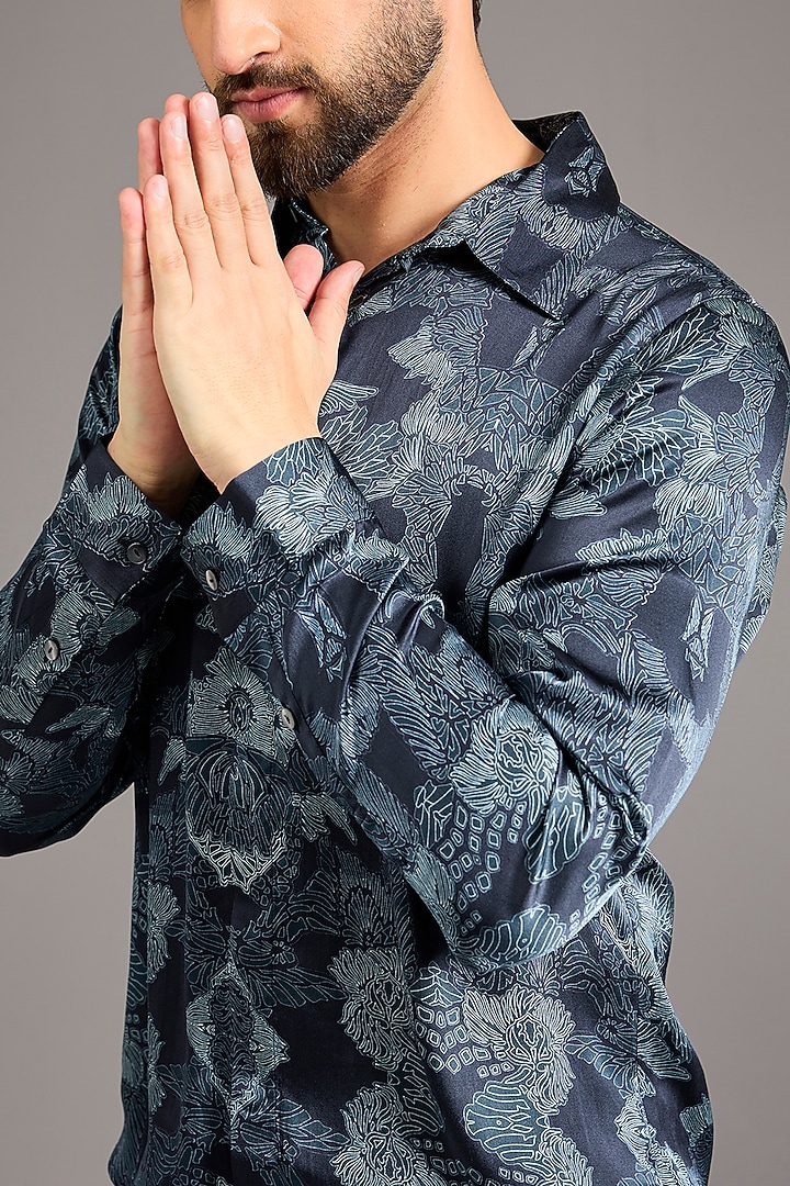 Navy Blue Satin Printed Wedding Shirt by Rohit Gandhi & Rahul Khanna Men at Pernia's Pop Up Shop