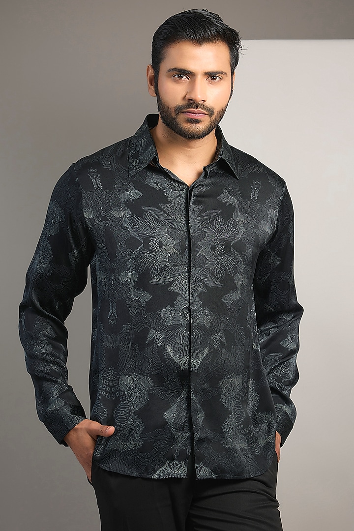 Black Silk Printed Shirt by Rohit Gandhi & Rahul Khanna Men