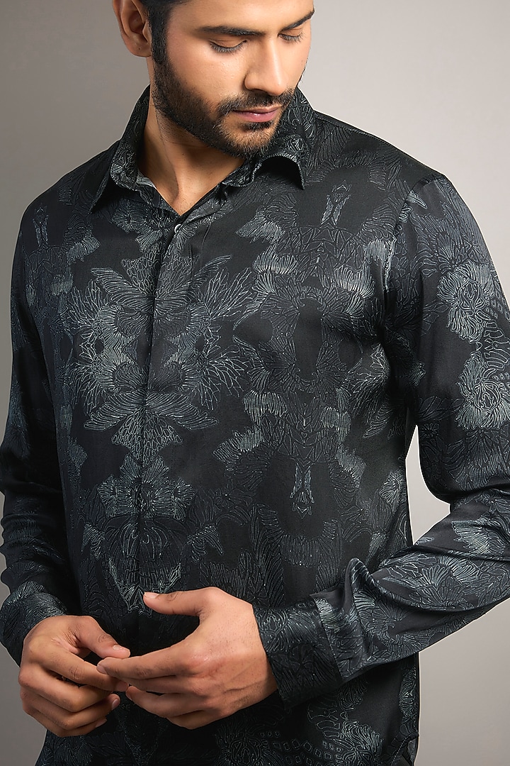 Black Silk Printed Wedding Shirt by Rohit Gandhi & Rahul Khanna Men at Pernia's Pop Up Shop
