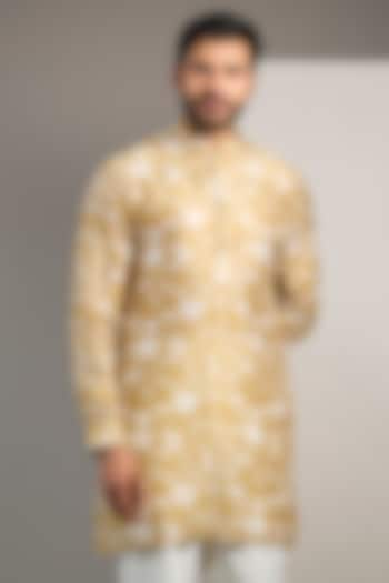 Mustard Viscose Blend Printed Short Kurta by Rohit Gandhi & Rahul Khanna Men