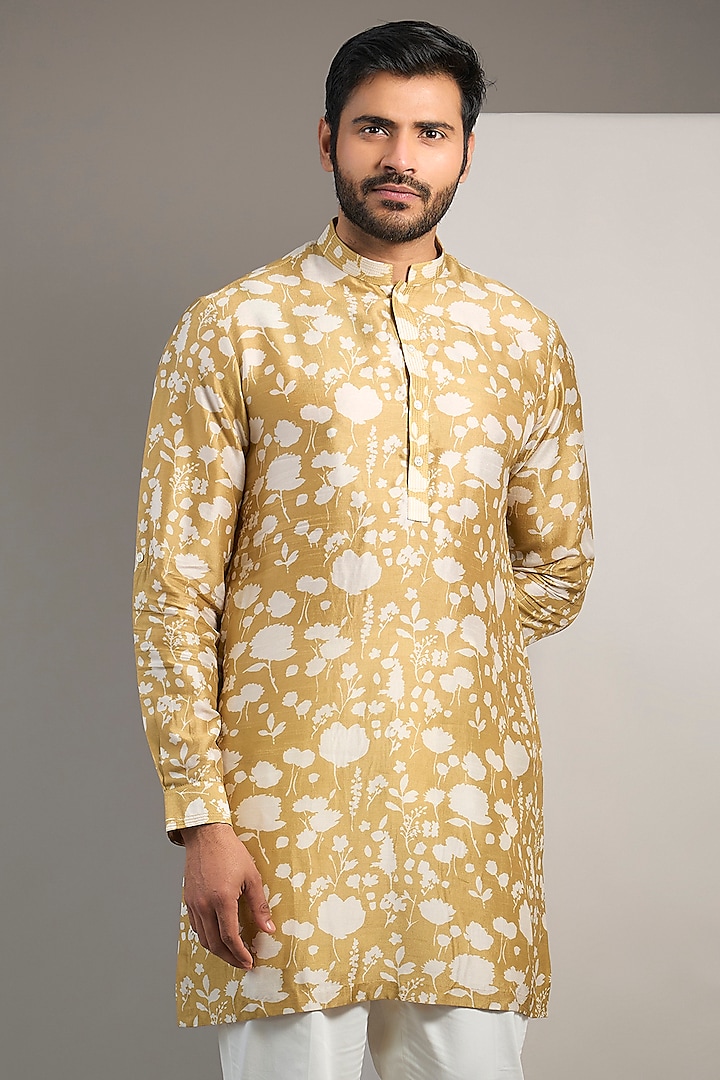 Mustard Viscose Blend Printed Short Kurta by Rohit Gandhi & Rahul Khanna Men