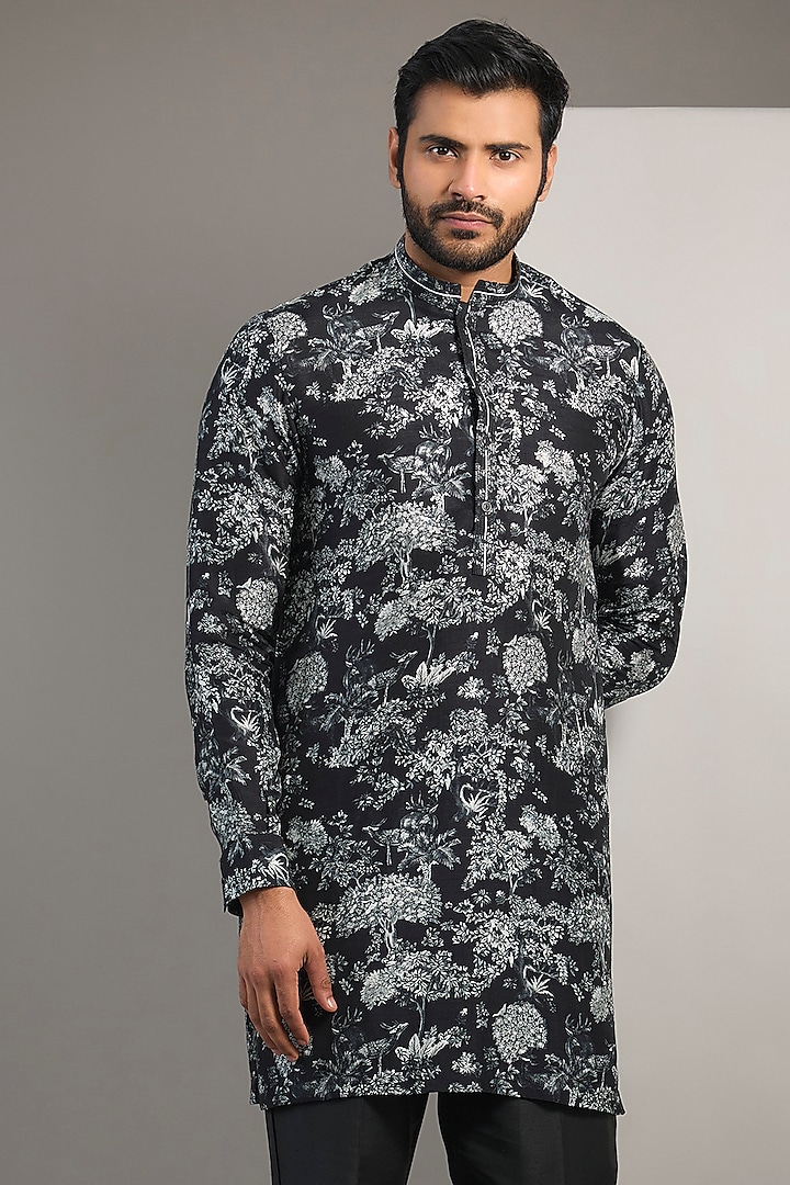 Black Viscose Printed Short Kurta by Rohit Gandhi & Rahul Khanna Men