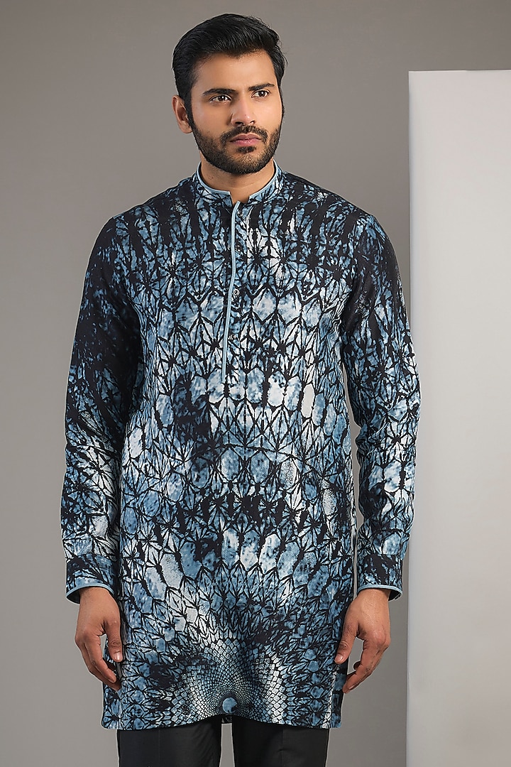 Navy Viscose Printed Short Kurta by Rohit Gandhi & Rahul Khanna Men