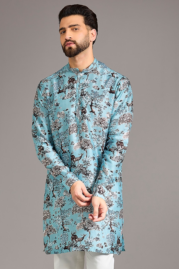 Grey Gusseted Cotton Printed Kurta by Rohit Gandhi & Rahul Khanna Men at Pernia's Pop Up Shop