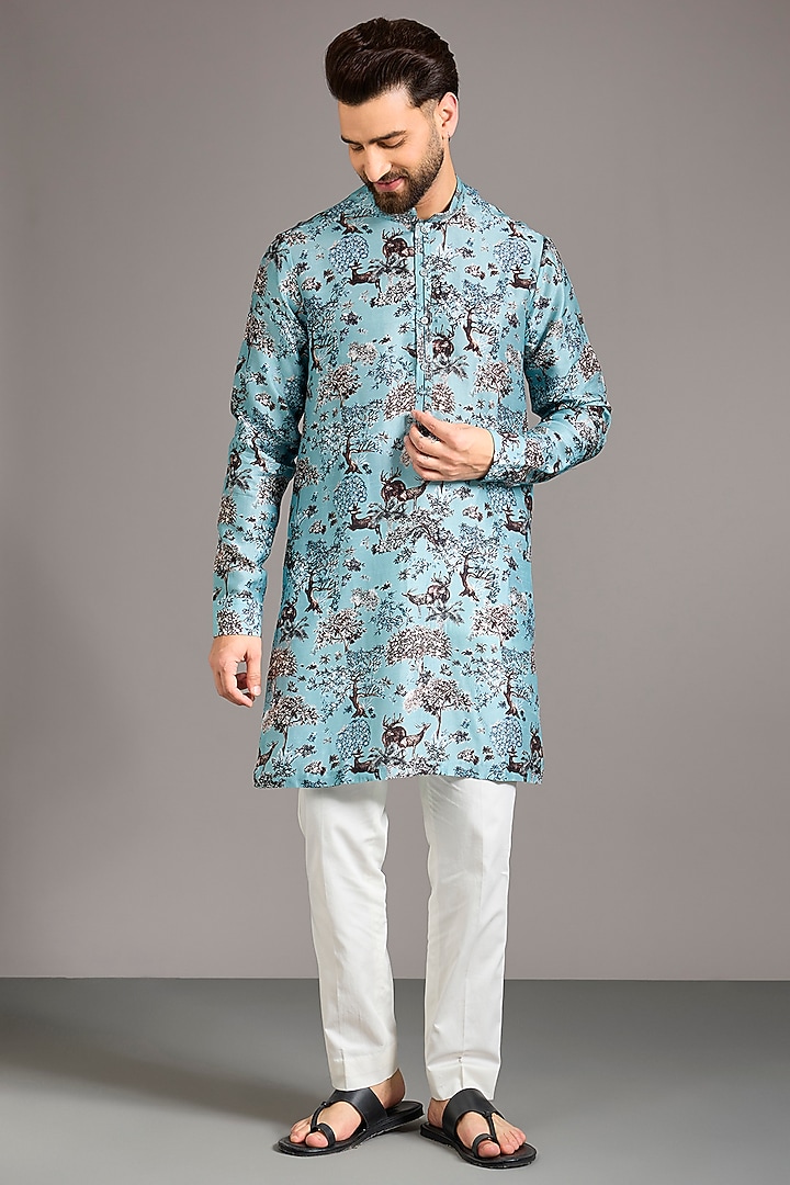 Grey Gusseted Cotton Printed Kurta by Rohit Gandhi & Rahul Khanna Men at Pernia's Pop Up Shop