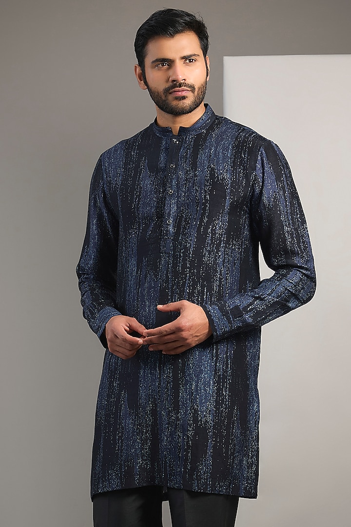 Navy Viscose Printed Short Kurta by Rohit Gandhi & Rahul Khanna Men