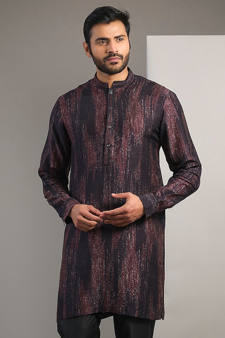 Maroon Viscose Printed Short Kurta by Rohit Gandhi & Rahul Khanna Men