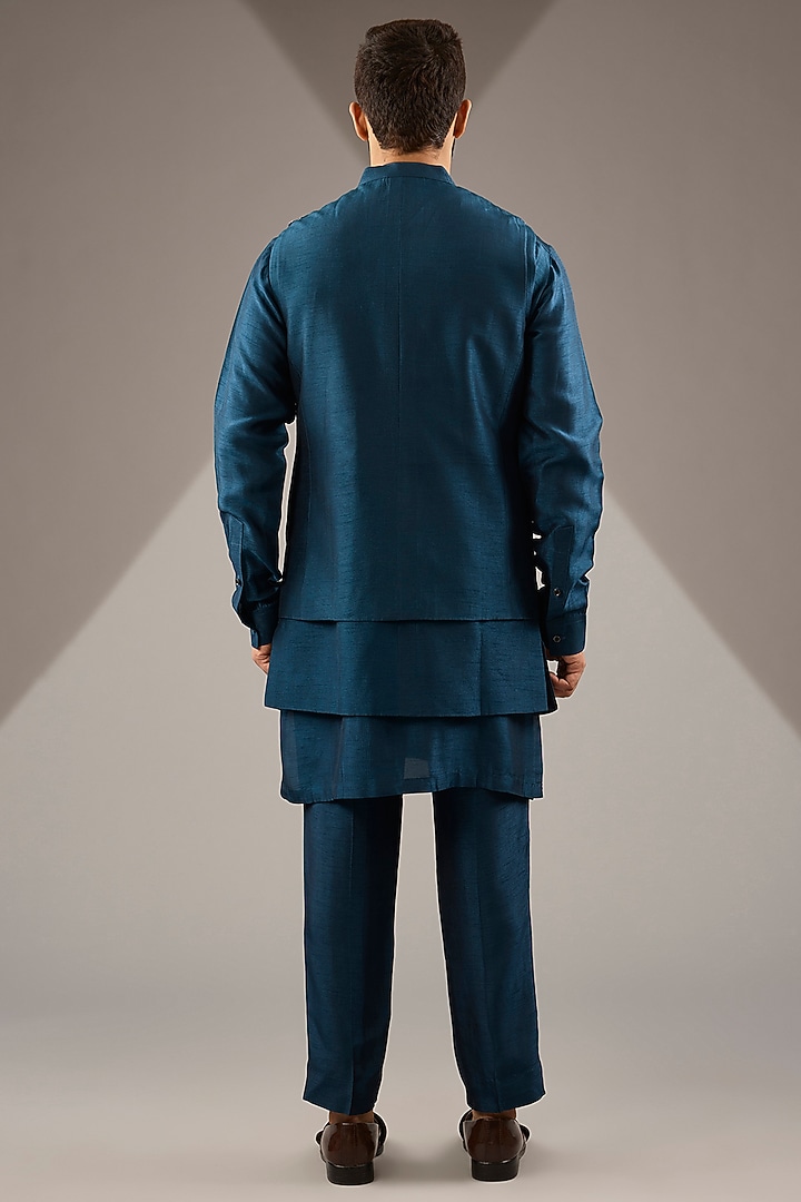 Teal Silk Embroidered Nehru Jacket Set by Rohit Gandhi & Rahul Khanna Men at Pernia's Pop Up Shop