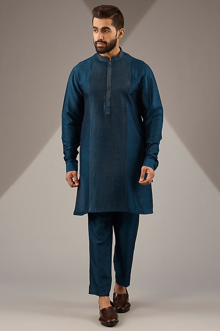 Teal Silk Embroidered Nehru Jacket Set by Rohit Gandhi & Rahul Khanna Men at Pernia's Pop Up Shop