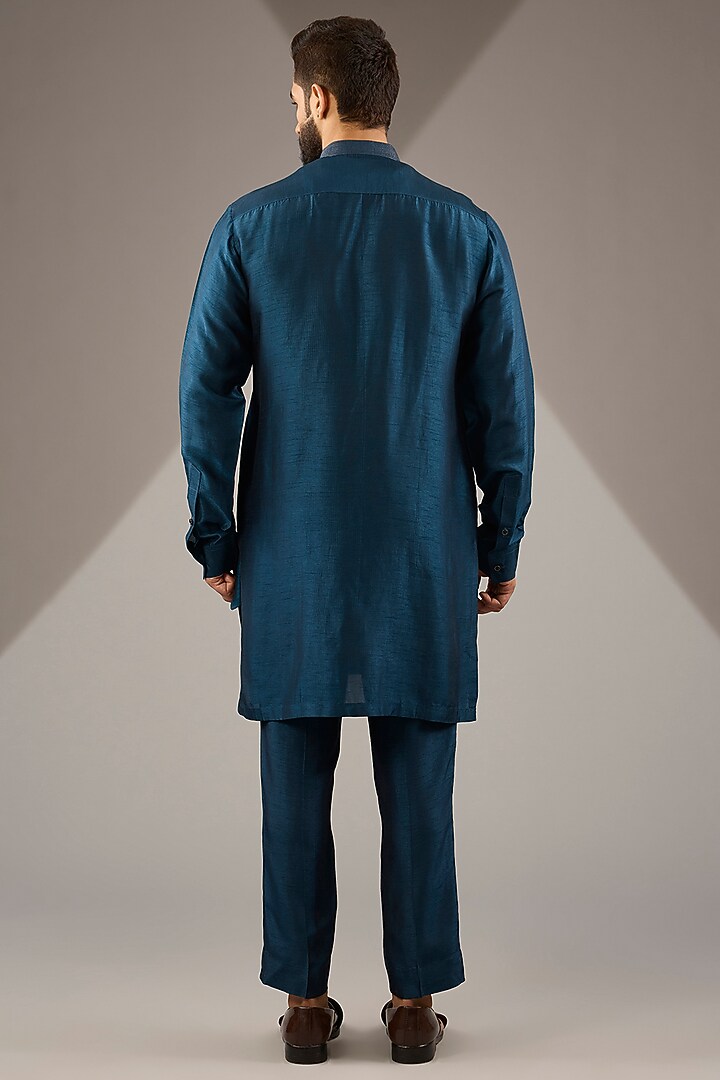 Teal Silk Embroidered Nehru Jacket Set by Rohit Gandhi & Rahul Khanna Men at Pernia's Pop Up Shop