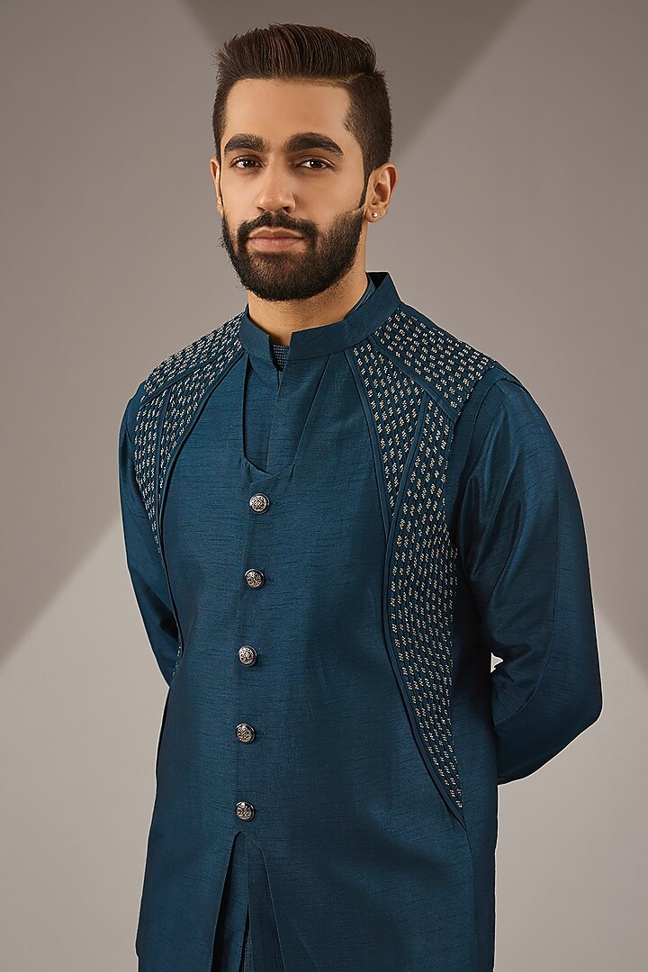 Teal Silk Embroidered Nehru Jacket Set by Rohit Gandhi & Rahul Khanna Men at Pernia's Pop Up Shop