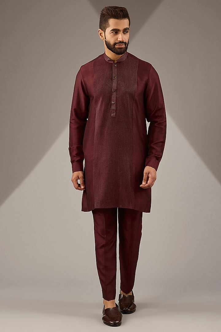 Maroon Silk Embroidered Nehru Jacket Set by Rohit Gandhi & Rahul Khanna Men at Pernia's Pop Up Shop