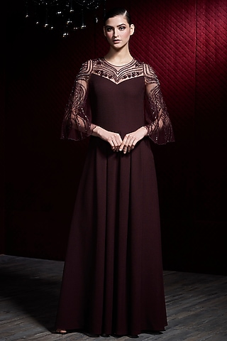 Wine Embroidered Mesh Gown by Rohit Gandhi & Rahul Khanna