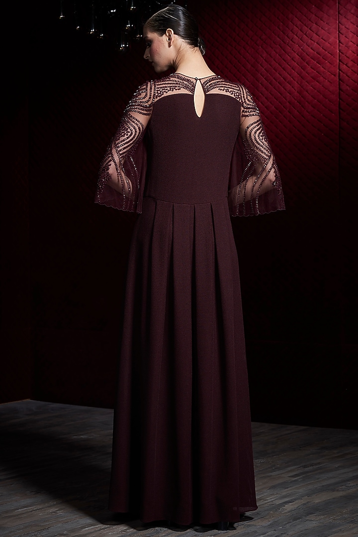 Wine Embroidered Mesh Gown by Rohit Gandhi & Rahul Khanna at Pernia's Pop Up Shop