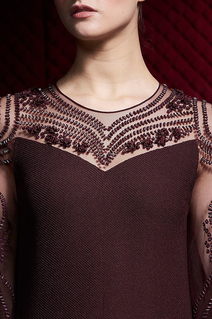 Wine Embroidered Mesh Gown by Rohit Gandhi & Rahul Khanna at Pernia's Pop Up Shop