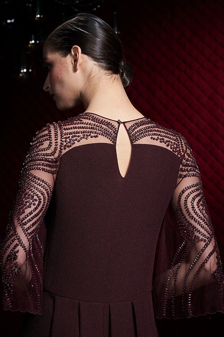 Wine Embroidered Mesh Gown by Rohit Gandhi & Rahul Khanna at Pernia's Pop Up Shop