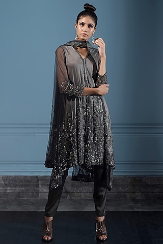 Charcoal Grey Asymmetric Kurta Set by Rohit Gandhi & Rahul Khanna