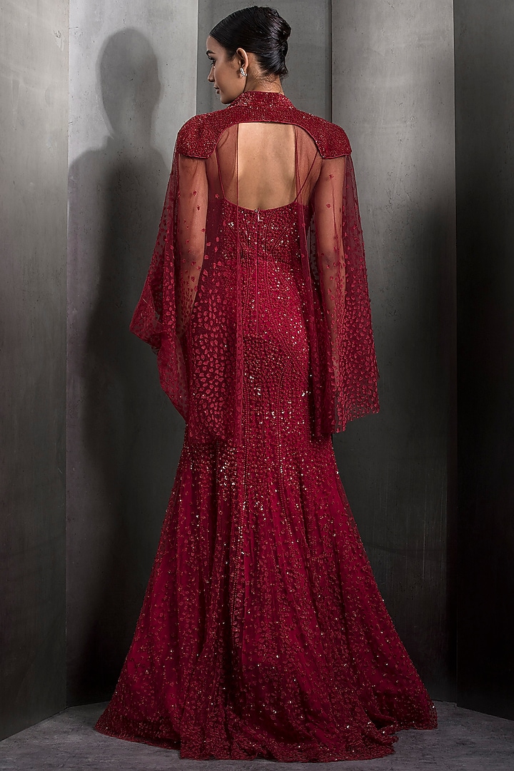 Claret Red Tulle Sequins Crystal Embellished Bridal Gown With Cape by Rohit Gandhi & Rahul Khanna at Pernia's Pop Up Shop