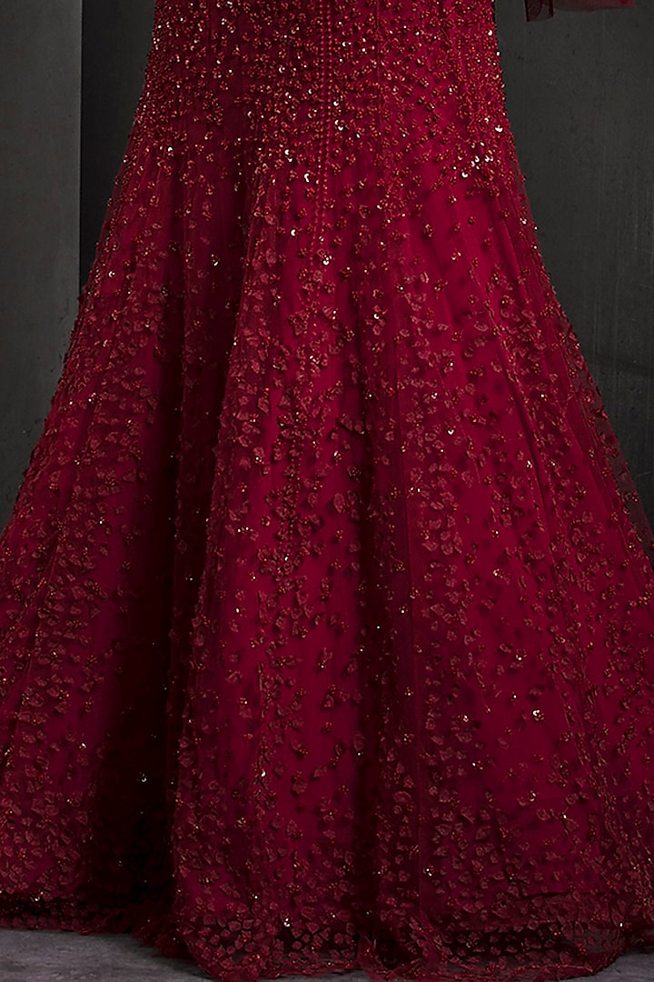 Claret Red Tulle Sequins Crystal Embellished Bridal Gown With Cape by Rohit Gandhi & Rahul Khanna at Pernia's Pop Up Shop