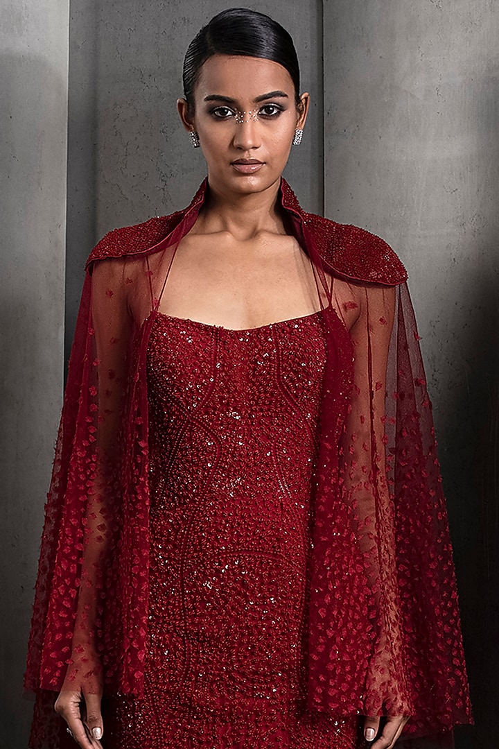 Claret Red Tulle Sequins Crystal Embellished Bridal Gown With Cape by Rohit Gandhi & Rahul Khanna at Pernia's Pop Up Shop