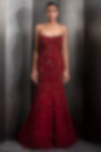 Claret Red Tulle Sequins Crystal Embellished Gown Design by Rohit ...