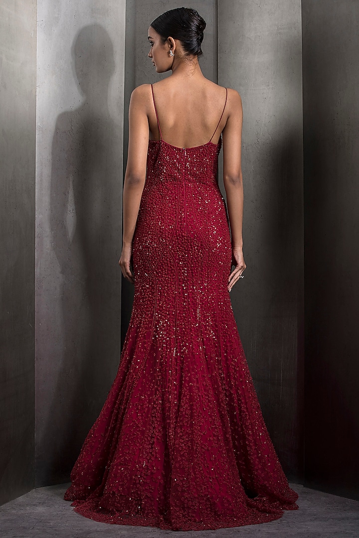 Claret Red Tulle Sequins Crystal Embellished Bridal Gown by Rohit Gandhi & Rahul Khanna at Pernia's Pop Up Shop