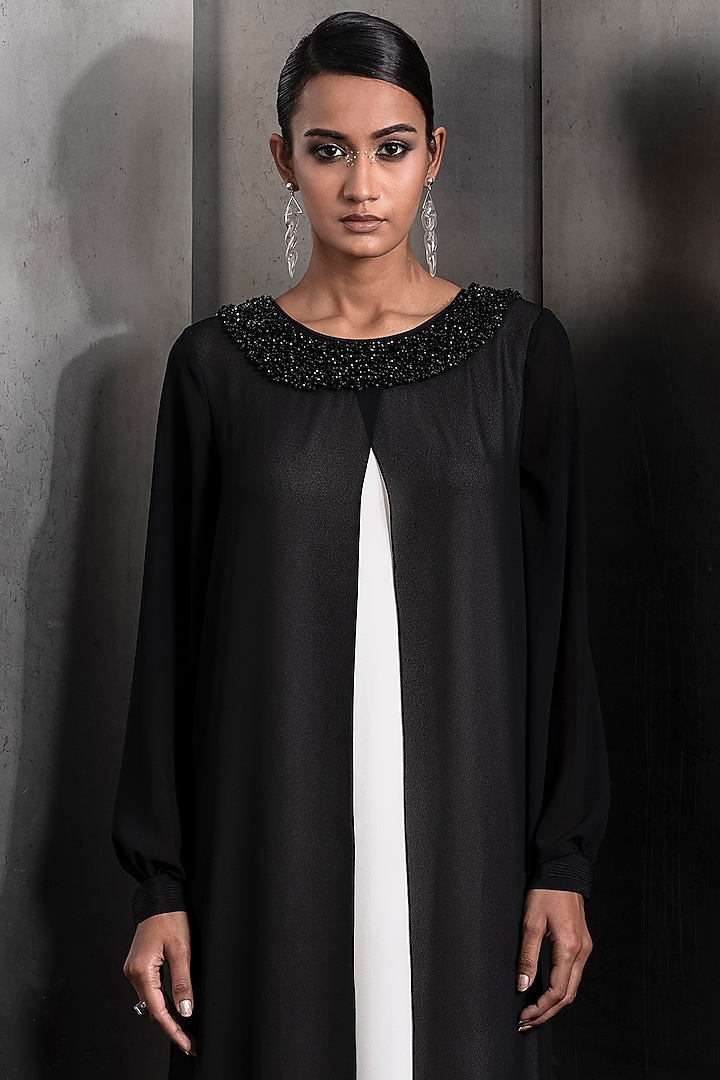 Black Poly Georgette Sequins & Bead Embellished Flared Kurta by Rohit Gandhi & Rahul Khanna at Pernia's Pop Up Shop
