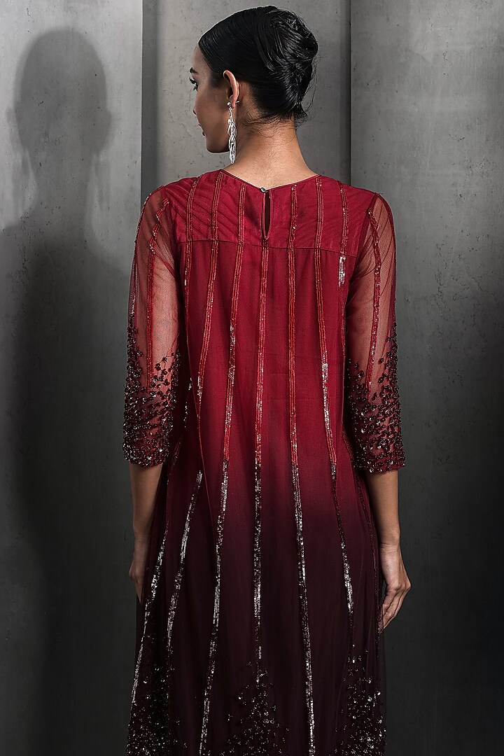 Claret Red Tulle Sequins & Crystal Bead Embellished High-Low Ombre Kurta Set by Rohit Gandhi & Rahul Khanna at Pernia's Pop Up Shop