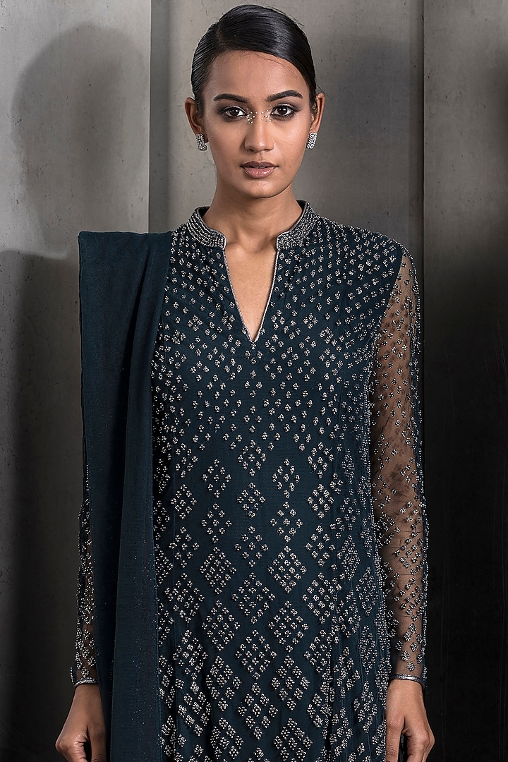 Navy Blue Tulle Embroidered Long Kurta Set by Rohit Gandhi & Rahul Khanna at Pernia's Pop Up Shop