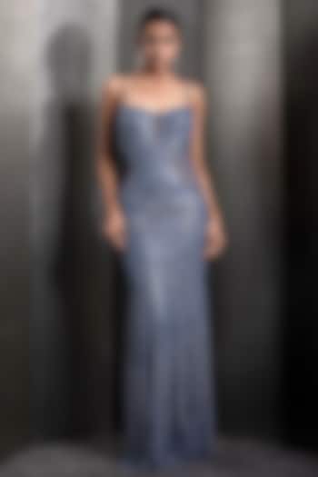 Slate Blue Tulle Sequins Embroidered Fishtail Gown by Rohit Gandhi & Rahul Khanna