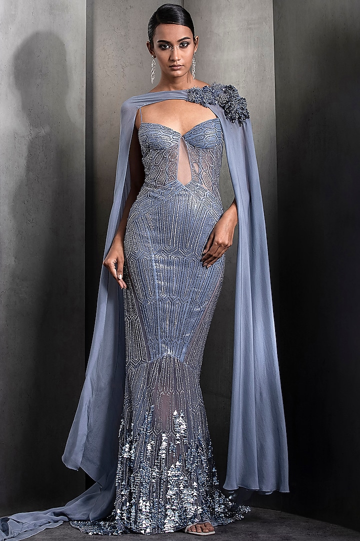 Cloudy Blue Tulle Crystal & Metallic Sequins Embellished Mermaid Gown by Rohit Gandhi & Rahul Khanna