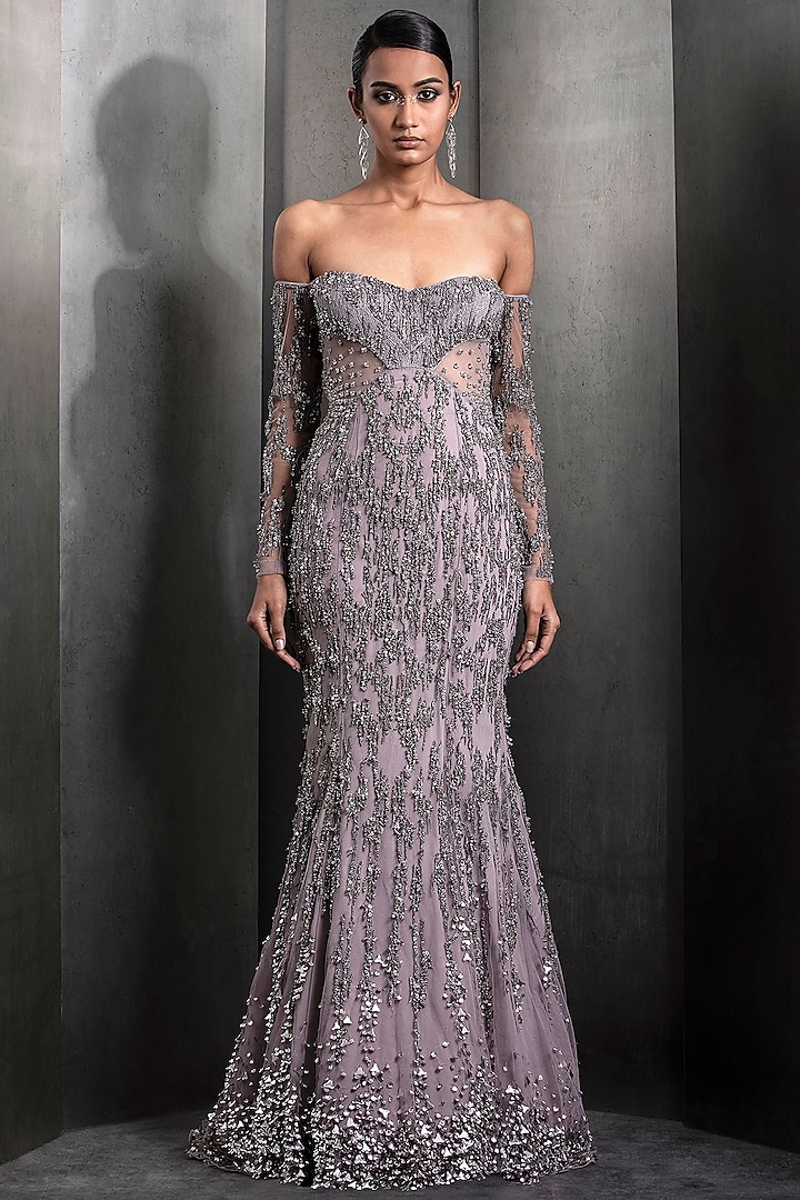 Rose Steel Tulle Hand Embellished Mermaid Gown by Rohit Gandhi & Rahul Khanna