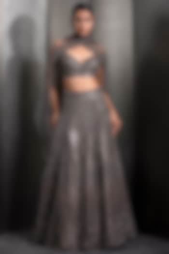 Gunmetal Colored Tulle Sequins & Crystal Embellished Bridal Lehenga Set by Rohit Gandhi & Rahul Khanna at Pernia's Pop Up Shop