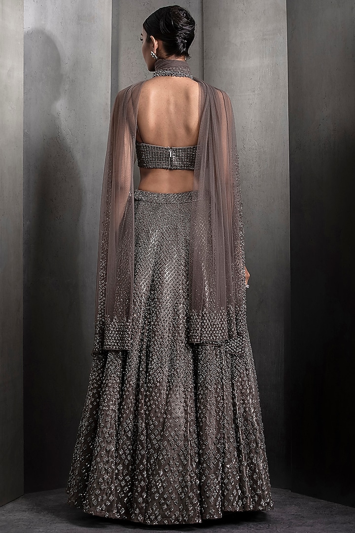 Gunmetal Colored Tulle Sequins & Crystal Embellished Bridal Lehenga Set by Rohit Gandhi & Rahul Khanna at Pernia's Pop Up Shop