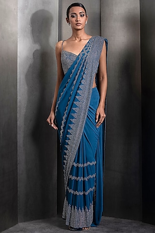 Galaxy Blue Silk Georgette Embroidered Pre-Stitched Saree Set by Rohit Gandhi & Rahul Khanna