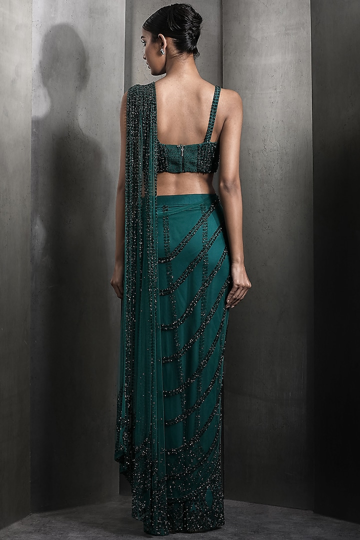 Emerald Tulle Metallic Sequins Embroidered Pre-Stitched Bridal Saree Set by Rohit Gandhi & Rahul Khanna at Pernia's Pop Up Shop