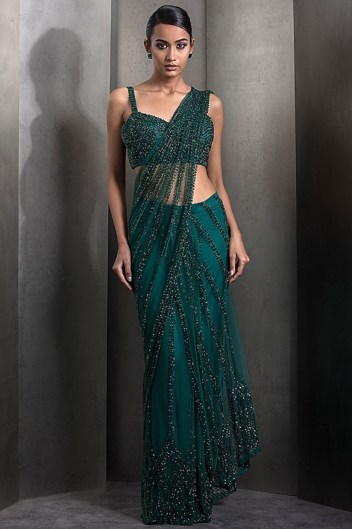 Emerald Tulle Metallic Sequins Embroidered Pre-Stitched Bridal Saree Set by Rohit Gandhi & Rahul Khanna at Pernia's Pop Up Shop
