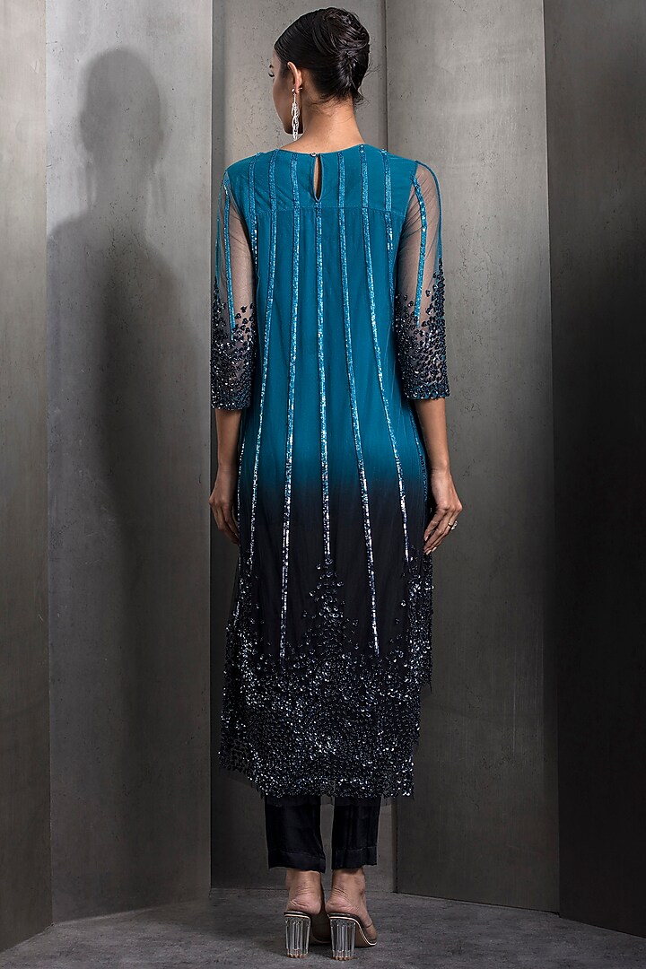 Blue Ombre Tulle Sequins & Bead Embellished Kurta Set by Rohit Gandhi & Rahul Khanna at Pernia's Pop Up Shop