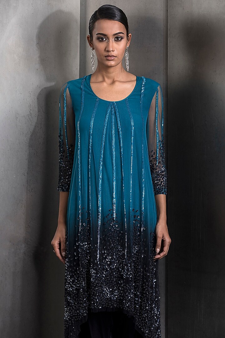 Blue Ombre Tulle Sequins & Bead Embellished Kurta Set by Rohit Gandhi & Rahul Khanna at Pernia's Pop Up Shop