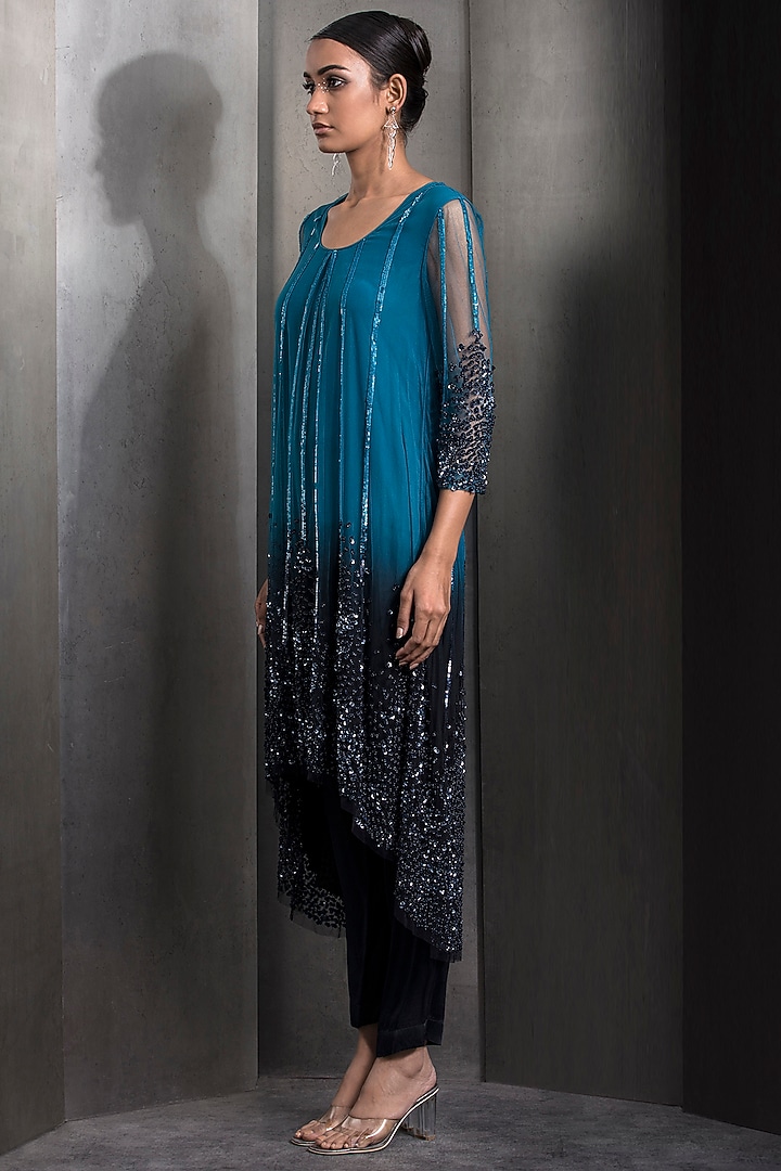 Blue Ombre Tulle Sequins & Bead Embellished Kurta Set by Rohit Gandhi & Rahul Khanna at Pernia's Pop Up Shop