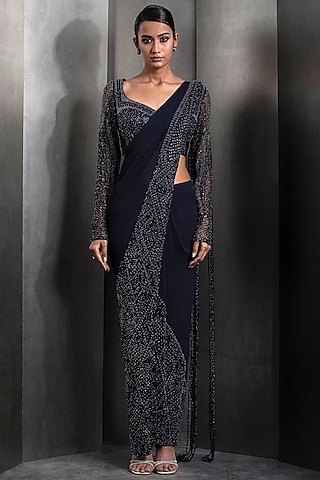 French Navy Tulle Draped Saree Set by Rohit Gandhi & Rahul Khanna