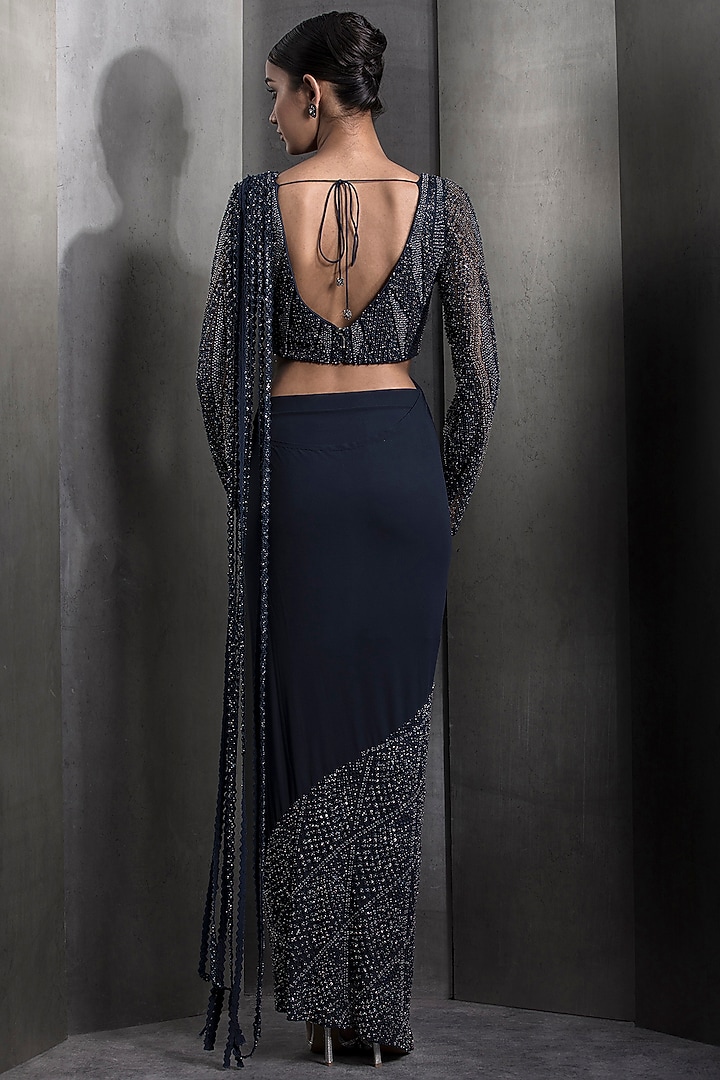 French Navy Tulle Draped Bridal Saree Set by Rohit Gandhi & Rahul Khanna at Pernia's Pop Up Shop