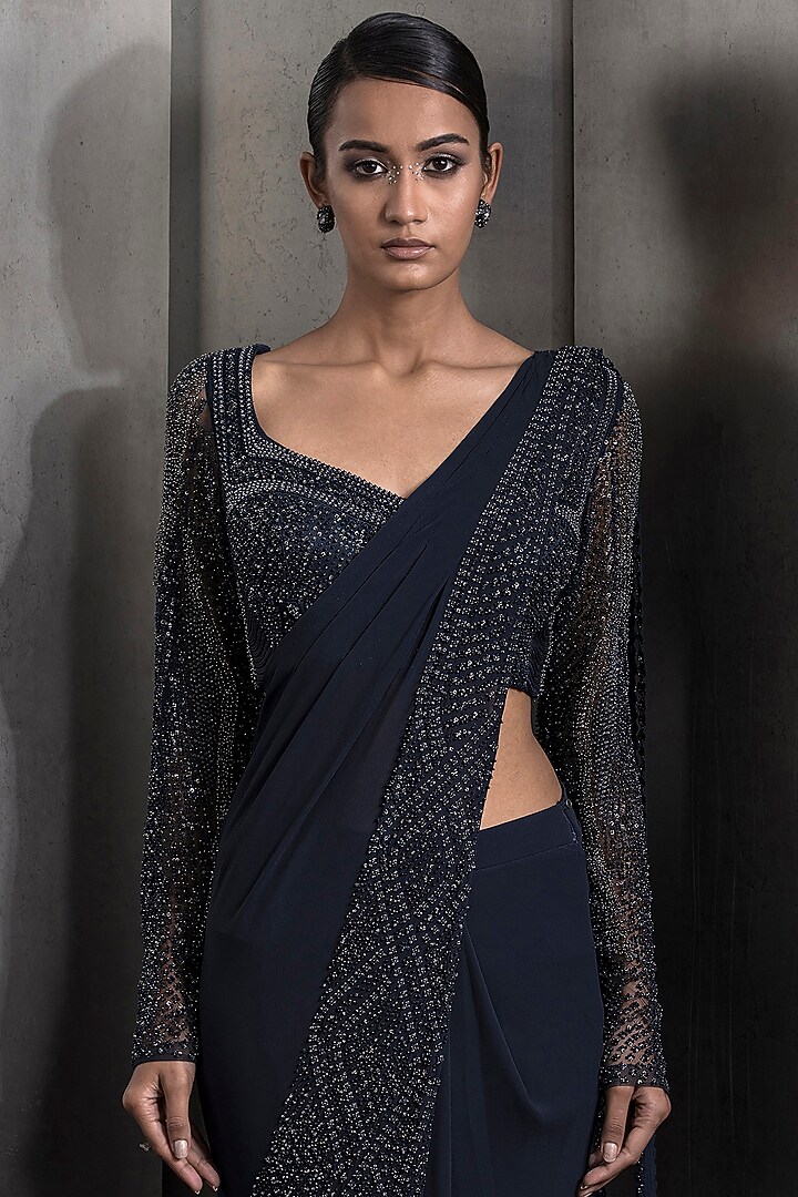 French Navy Tulle Draped Bridal Saree Set by Rohit Gandhi & Rahul Khanna at Pernia's Pop Up Shop