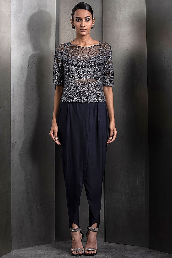 Steel Grey Tulle Metallic Embellished Top by Rohit Gandhi & Rahul Khanna at Pernia's Pop Up Shop
