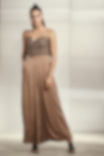 Bronze Embroidered Tulle Jumpsuit by Rohit Gandhi & Rahul Khanna at Pernia's Pop Up Shop