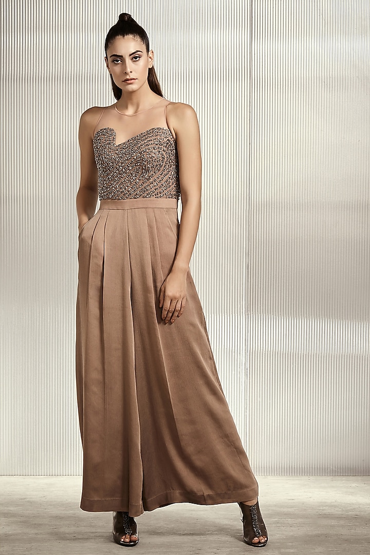 Bronze Embroidered Tulle Jumpsuit by Rohit Gandhi & Rahul Khanna